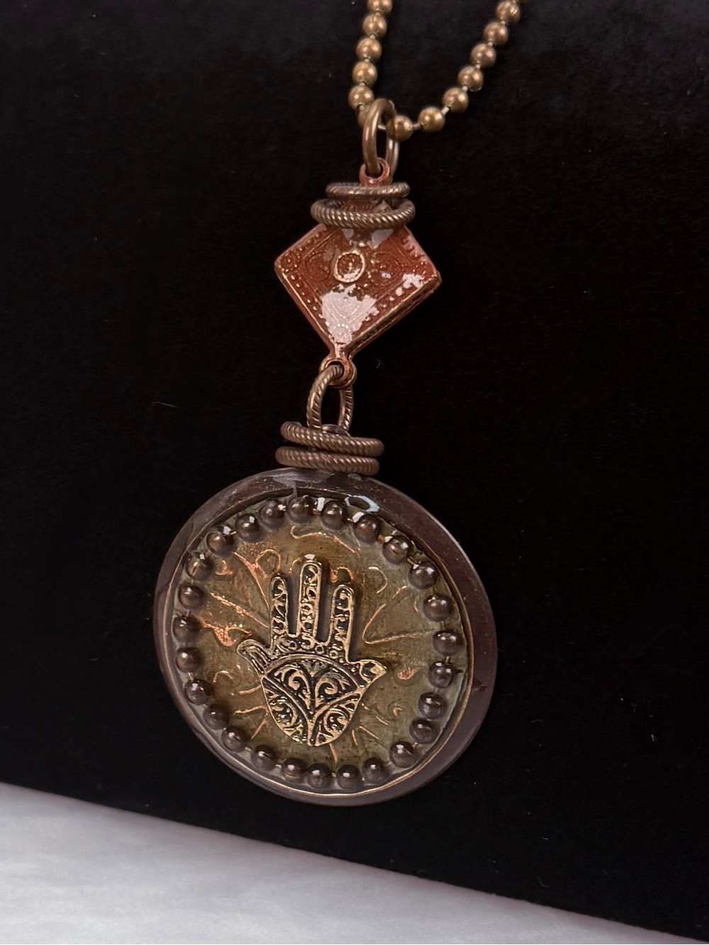 Gorgeous, bohemian chic, hand, zen pendant necklace